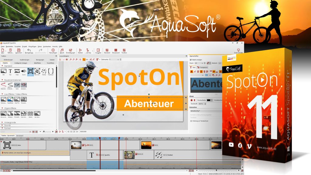 AquaSoft SpotOn 11 ist eine kostenlose Videoschnitt-Software zum unkomplizierten Bearbeiten und Teilen bei Instagram, YouTube, Facebook & Co.