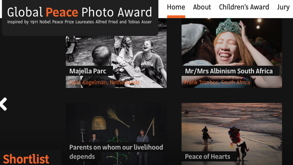 Der Global Peace Photo Award findet sich in der Liste hochdotierter Fotowettbewerbe. Hier zu sehen ist ein Screenshot der Website mit einigen Bildern der aktuellen Shortlist. Die Auszeichnung der Gewinner findet am 4. Oktober 2023 im österreichischen Parlament statt.